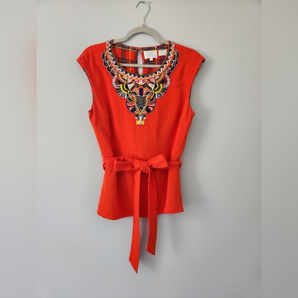Camilla Orange Crepe Top with Beadwork in Shells Rhinestones & Beads sz…